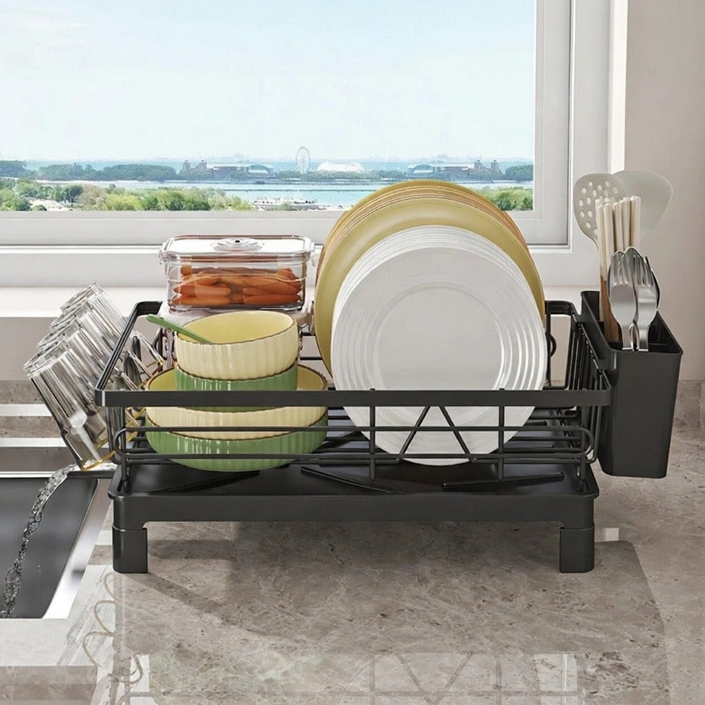 Minimalist Steel Dish Drying Rack – Countertop Drainer with Utensil Holder
