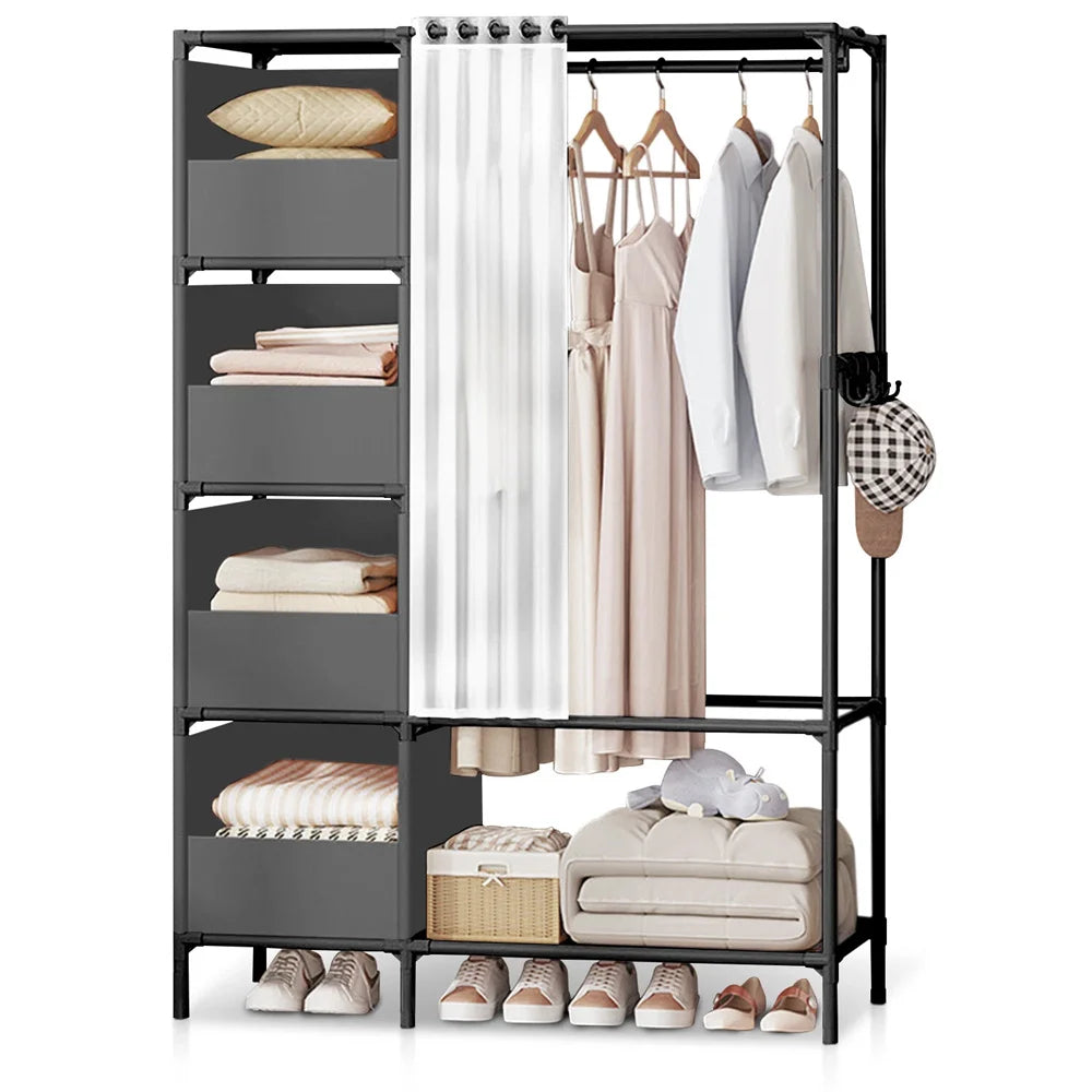 Modern Open Wardrobe Clothes Rail with Shelves & Curtain – Heavy Duty Metal Storage Rack (170cm)