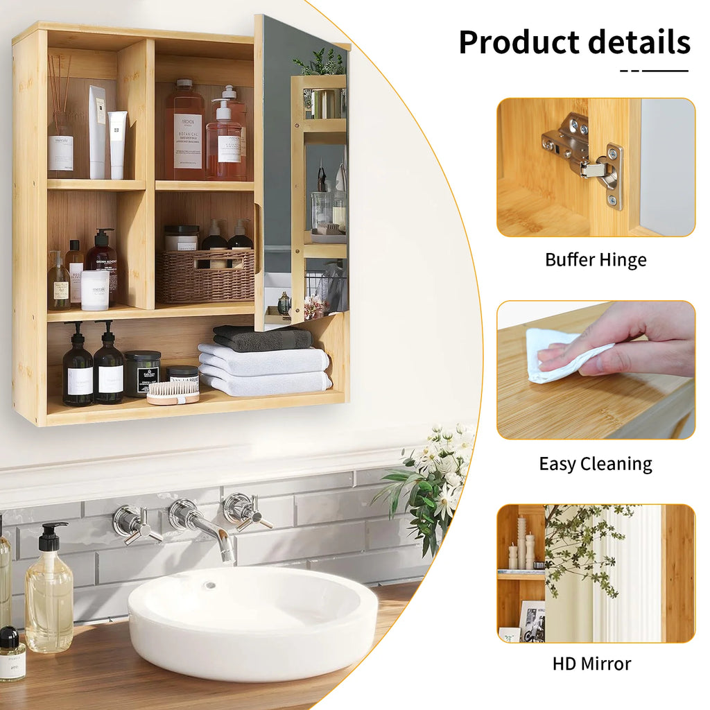 Bamboo Bathroom Mirror Cabinet – Wall Mounted Storage Unit