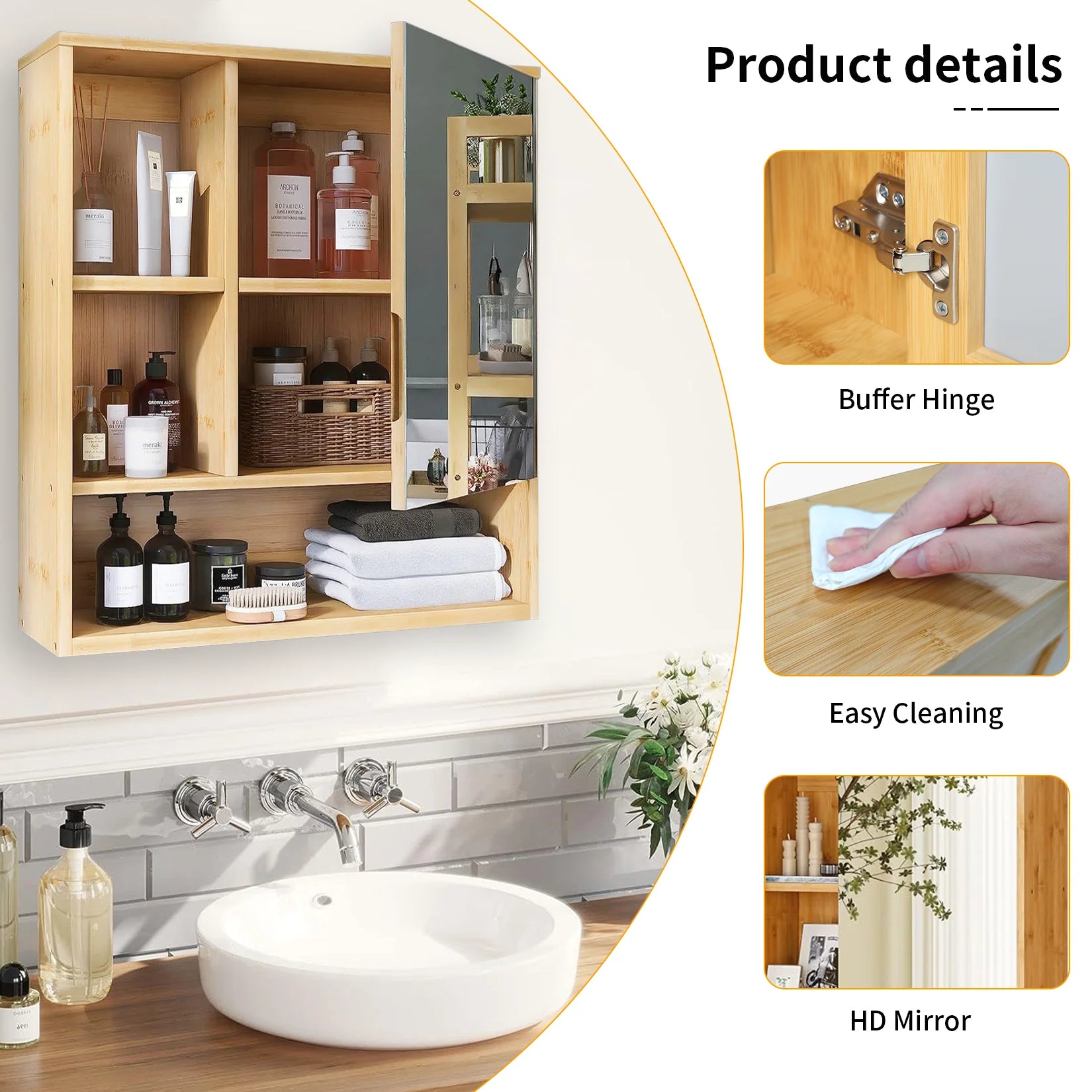 Bamboo Bathroom Mirror Cabinet – Wall Mounted Storage Unit