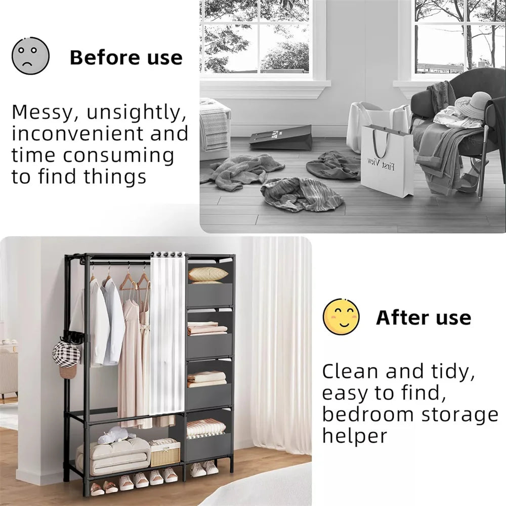 Modern Open Wardrobe Clothes Rail with Shelves & Curtain – Heavy Duty Metal Storage Rack (170cm)