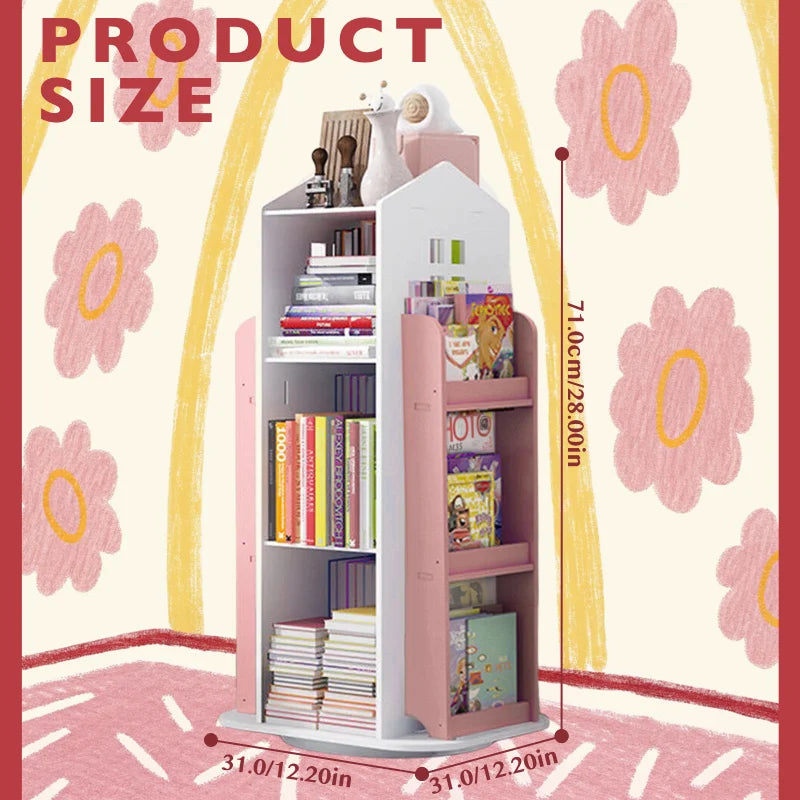 360-Degree Rotating Bookshelf Castle Display Stand Living Room Furniture Bookcases for Home-Medium