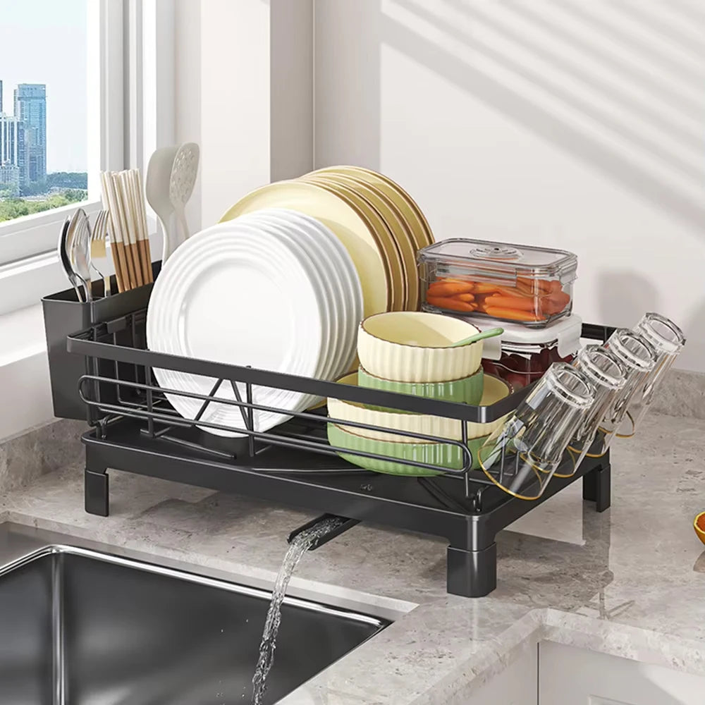 Minimalist Steel Dish Drying Rack – Countertop Drainer with Utensil Holder