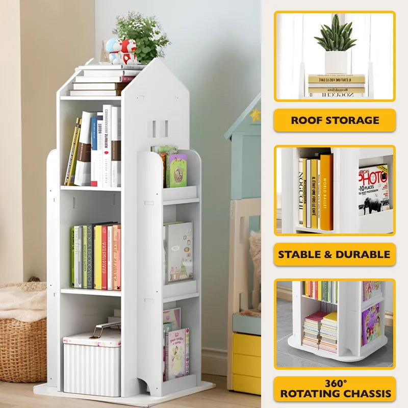 360-Degree Rotating Bookshelf Castle Display Stand Living Room Furniture Bookcases for Home-Medium