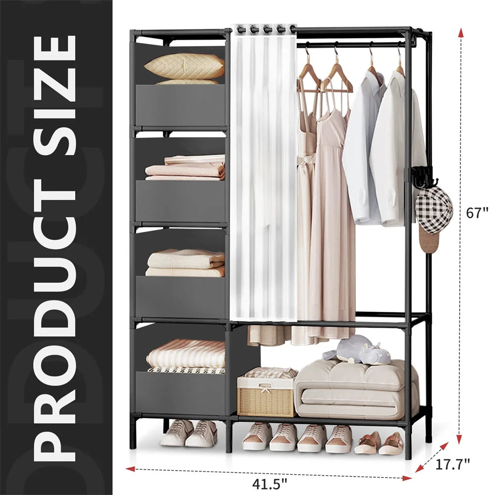 Modern Open Wardrobe Clothes Rail with Shelves & Curtain – Heavy Duty Metal Storage Rack (170cm)