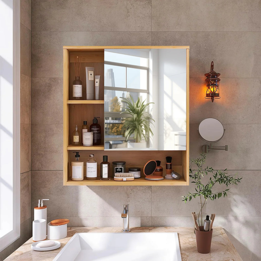 Bamboo Bathroom Mirror Cabinet – Wall Mounted Storage Unit