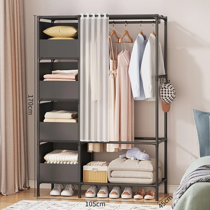 Modern Open Wardrobe Clothes Rail with Shelves & Curtain – Heavy Duty Metal Storage Rack (170cm)