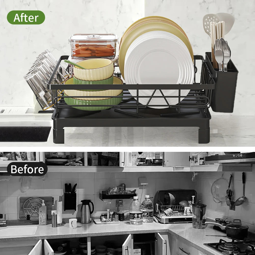 Minimalist Steel Dish Drying Rack – Countertop Drainer with Utensil Holder