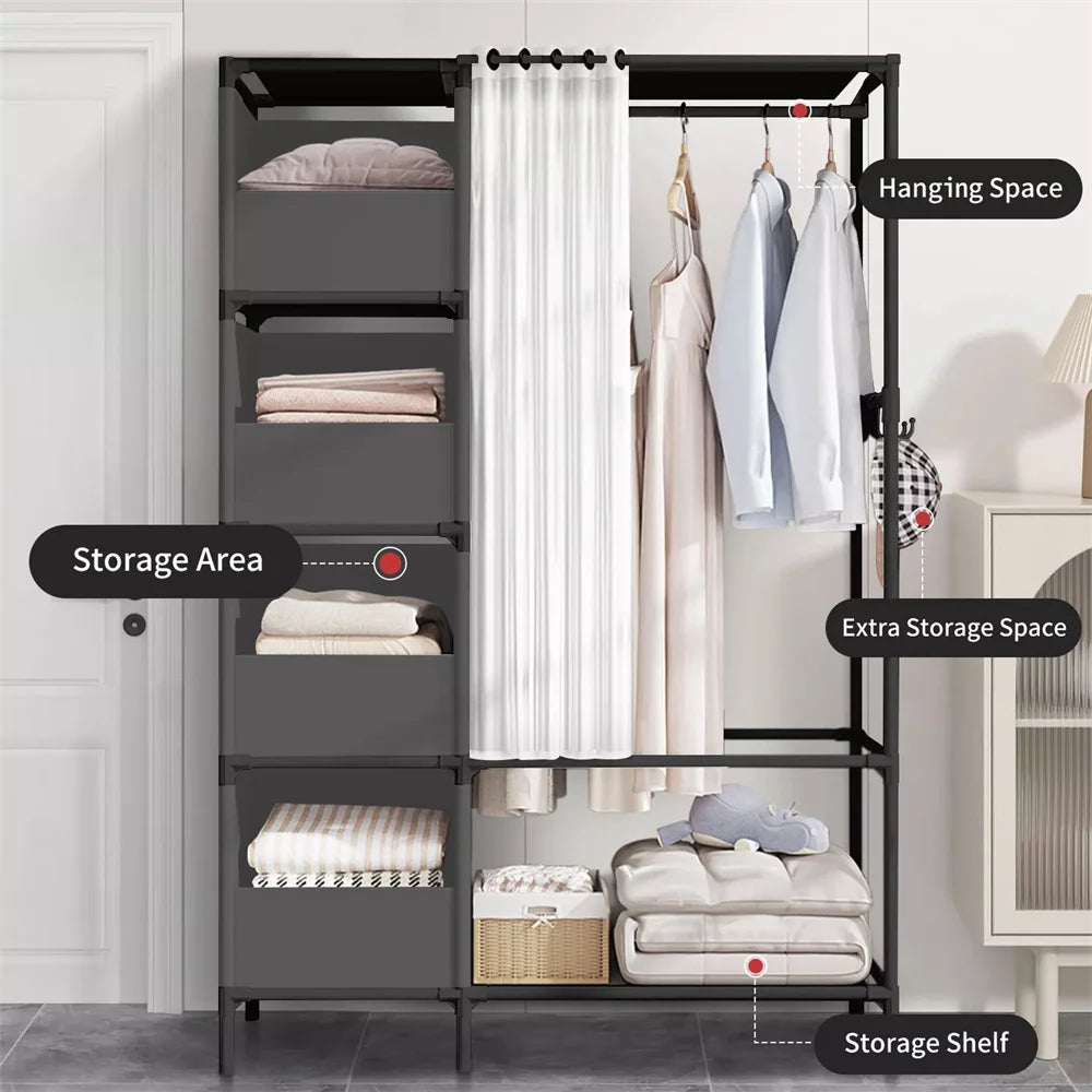 Modern Open Wardrobe Clothes Rail with Shelves & Curtain – Heavy Duty Metal Storage Rack (170cm)