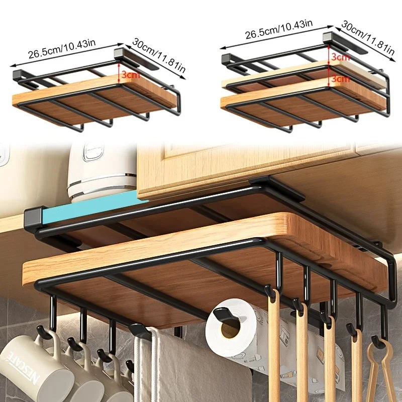 Under-Cabinet Kitchen Organizer Rack – Hanging Storage with Hooks