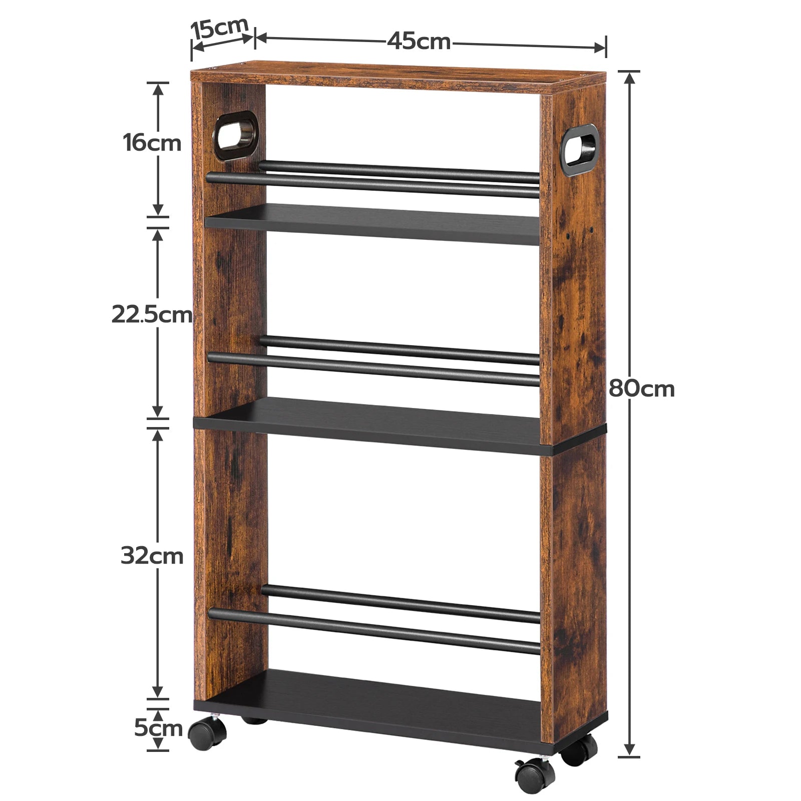 HOOBRO Narrow Serving Trolley, 45 x 15 x 80 cm, Kitchen Trolley with 4 Levels, Kitchen Shelf with 360° Rotating Wheels and Raili