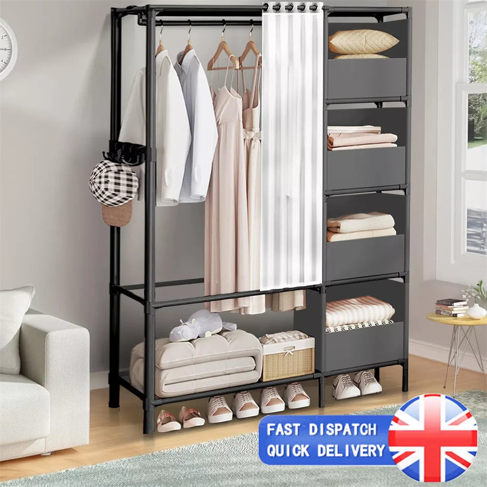 Modern Open Wardrobe Clothes Rail with Shelves & Curtain – Heavy Duty Metal Storage Rack (170cm)