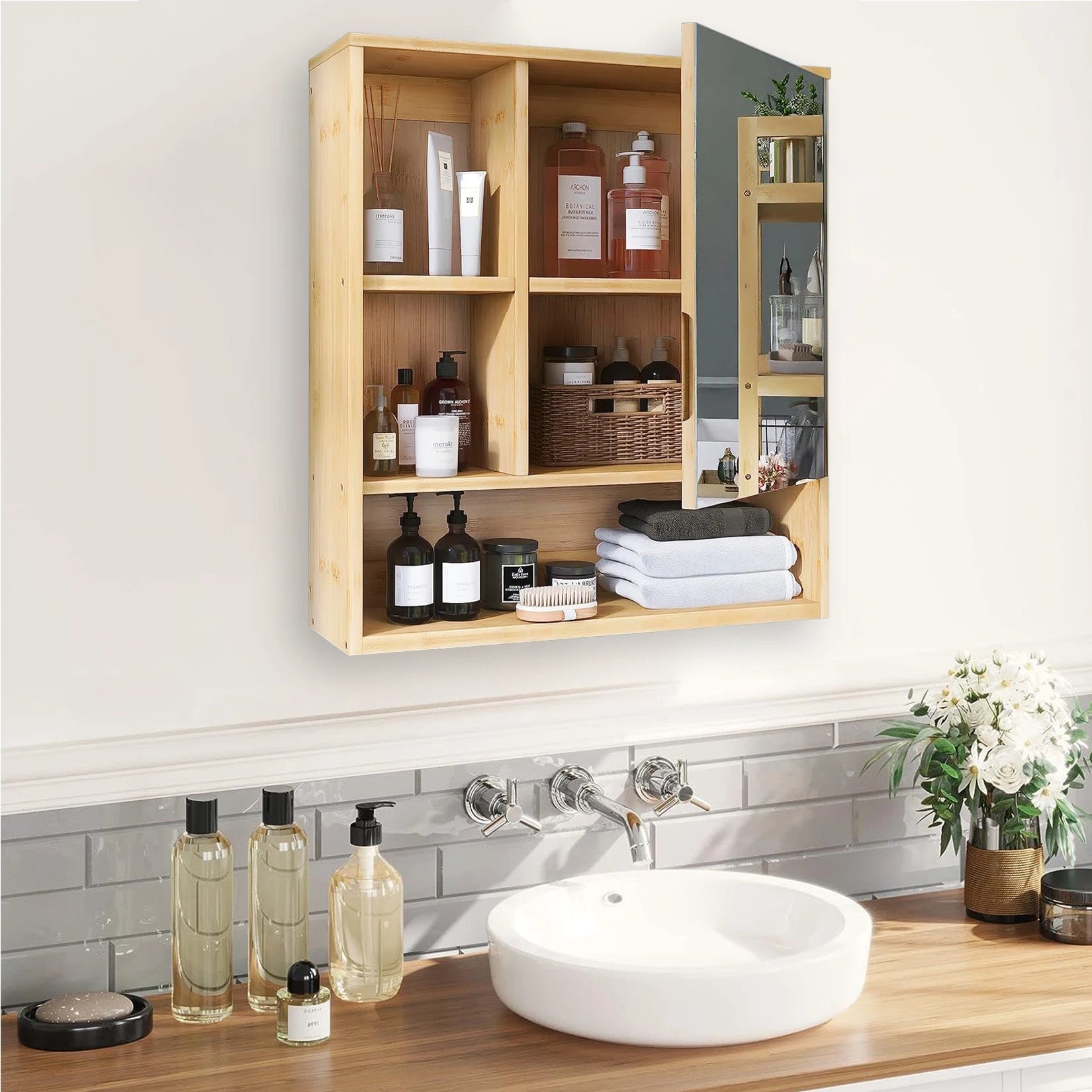 Bamboo Bathroom Mirror Cabinet – Wall Mounted Storage Unit